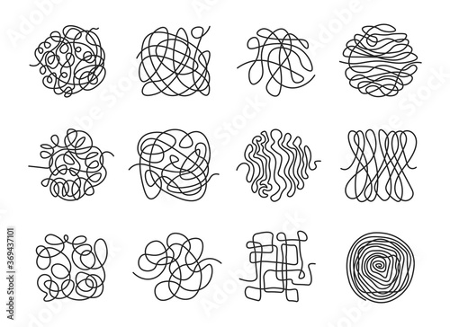 Different thin scribble lines icon set. Black doodle knots, complicated tangles and swirling wires in mess on white background vector illustration collection. Design shape and pattern concept