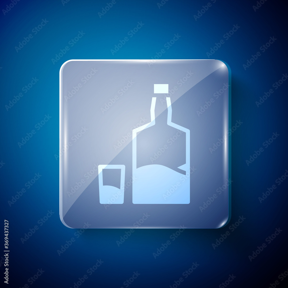 White Tequila bottle and shot glass icon isolated on blue background. Mexican alcohol drink. Square glass panels. Vector. White Tequila bottle and shot glass icon isolated on blue background. Mexican alcohol drink. Square glass panels. Vector.