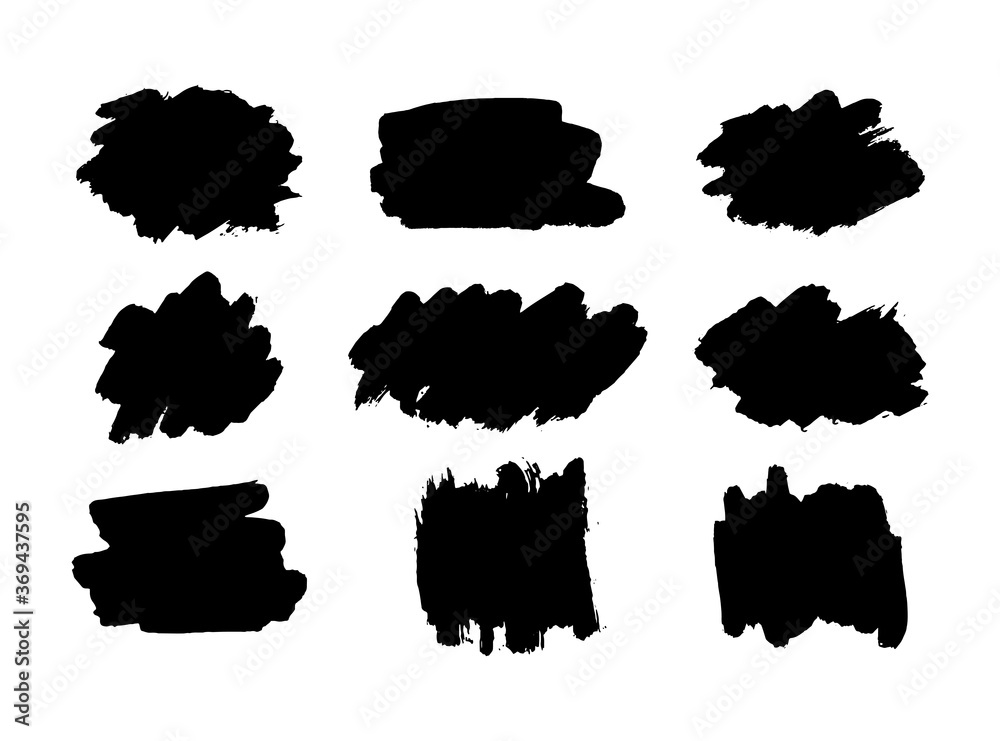 Hand drawn vector ink brush strokes, black paint spot set. Dirty paint smears artistic backgrounds. Grunge texture scribbles design element isolated on white. Stains shapes and silhouettes