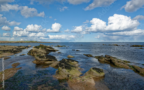 Looking over the rocks at East Haven Beach at low tide on a Sunny April afternoon  with white Clouds in the Blue sky.