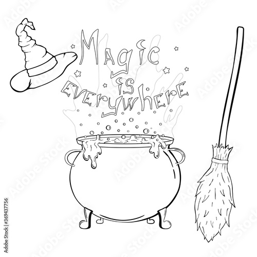 Outlined witch equipment. Vector cauldron with potion illustration in doodle style. magic is everywhere coloring book page. 