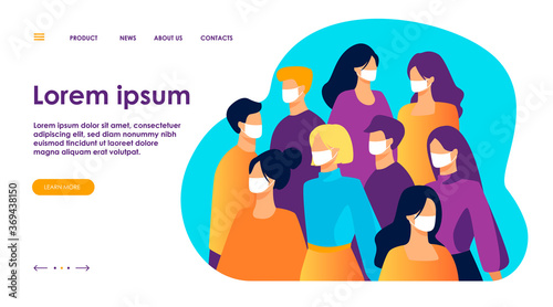 Crowd of people wearing face medical masks outside. Infection spread prevention in society. Vector illustration for coronavirus outbreak, safety, quarantine, disease concept