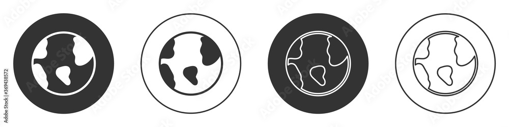 Black Earth globe icon isolated on white background. World or Earth sign. Global internet symbol. Geometric shapes. Circle button. Vector. Black Earth globe icon isolated on white background. World or Earth sign. Global internet symbol. Geometric shapes. Circle button. Vector.