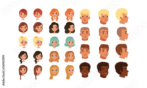 Cute Teenage Boys and Girls Heads Various Views and Haircuts Collection, Teen Children Creation Constructor Cartoon Style Vector Illustration