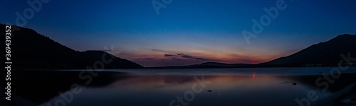 A Panoramic view of Bassenthwaite lake in the blue hour on a summers night.