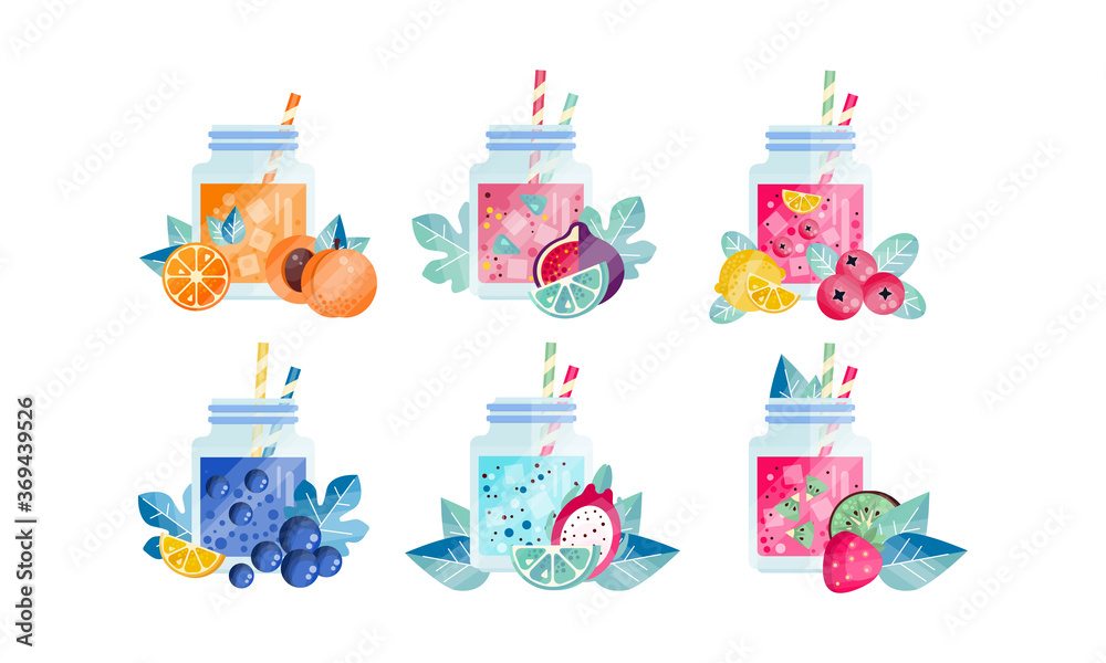 Fruit Smoothie Drinks Set, Nutritious Organic Fresh Healthy Food Vector Illustration