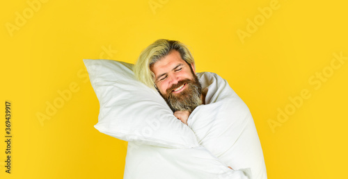 Fall asleep on go. Man handsome guy with pillow and duvet. Enough amount sleep. Tips sleeping better. Bearded man sleeping face relaxing. Melatonin makes you feel drowsy and helps you stay asleep