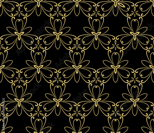 Floral vector black and golden ornament. Seamless abstract classic background with golden flowers. Pattern with repeating floral elements. Ornament for fabric, wallpaper and packaging