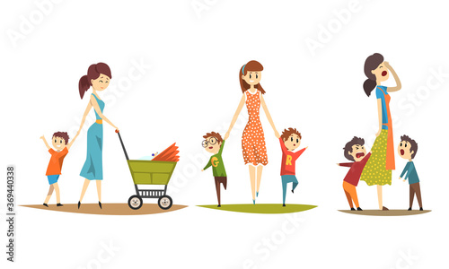 Pretty Mothers Walking with their Little Kids Set, Moms with Naughty Children, Happy Family Concept Cartoon Style Vector Illustration