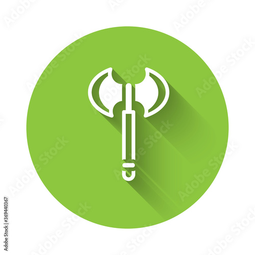 White Medieval axe icon isolated with long shadow. Battle axe, executioner axe. Medieval weapon. Green circle button. Vector.