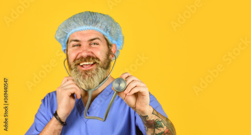 Monitor symptoms. Medical insurance. Virus concept. Man bearded doctor uniform stethoscope. Hipster work hospital. Health care. Medical check up. Express test. Medical help. Cheerful pediatrician