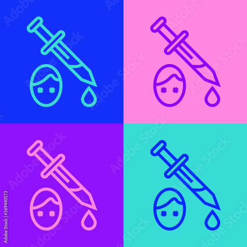 Pop art line Sword with blood icon isolated on color background. Medieval weapons knight and soldier. Symbol of murder. Vector.
