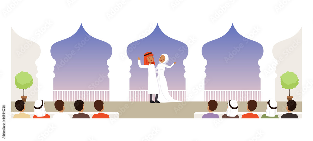 Muslim Wedding Ceremony, Bride and Groom in Traditional Clothing, Newlyweds and their Guests Sitting on Benches Cartoon Style Vector Illustration