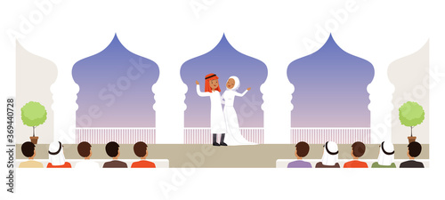 Muslim Wedding Ceremony, Bride and Groom in Traditional Clothing, Newlyweds and their Guests Sitting on Benches Cartoon Style Vector Illustration