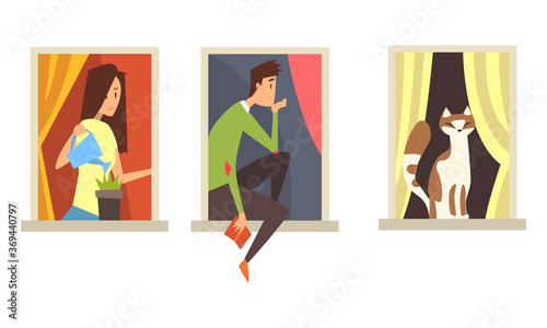 Neighbors in Windows Doing Daily Things in their Apartments Set, People and Cat Looking Through Windows Cartoon Style Vector Illustration