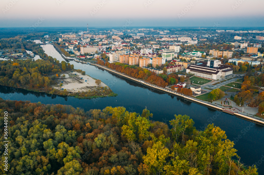 Pinsk, Brest Region Of Belarus, In The Polesia Region, At The Confluence Of The Pina River And The Pripyat River. Pinsk Cityscape Skyline In Autumn Morning. Residential District. Bird's-eye View.