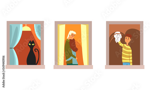 Neighbors in Windows Doing Daily Things in their Apartments Set, Black Cat Looking Through Window, Couple in Love Hugging, Man Clean Window with Rag Cartoon Vector Illustration