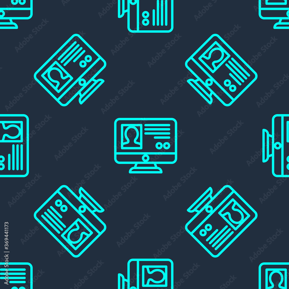 Green line Create account screen icon isolated seamless pattern on blue background. Vector.