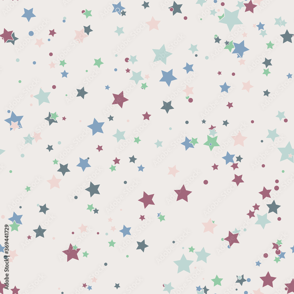 Cartoon colorful geo seamless pattern with chaotic stars and dots. Confetti wrapping paper. Messy geometric infinity background. Vector illustration. Cartoon colorful geo seamless pattern with chaotic stars and dots. Confetti wrapping paper. Messy geometric infinity background. Vector illustration.