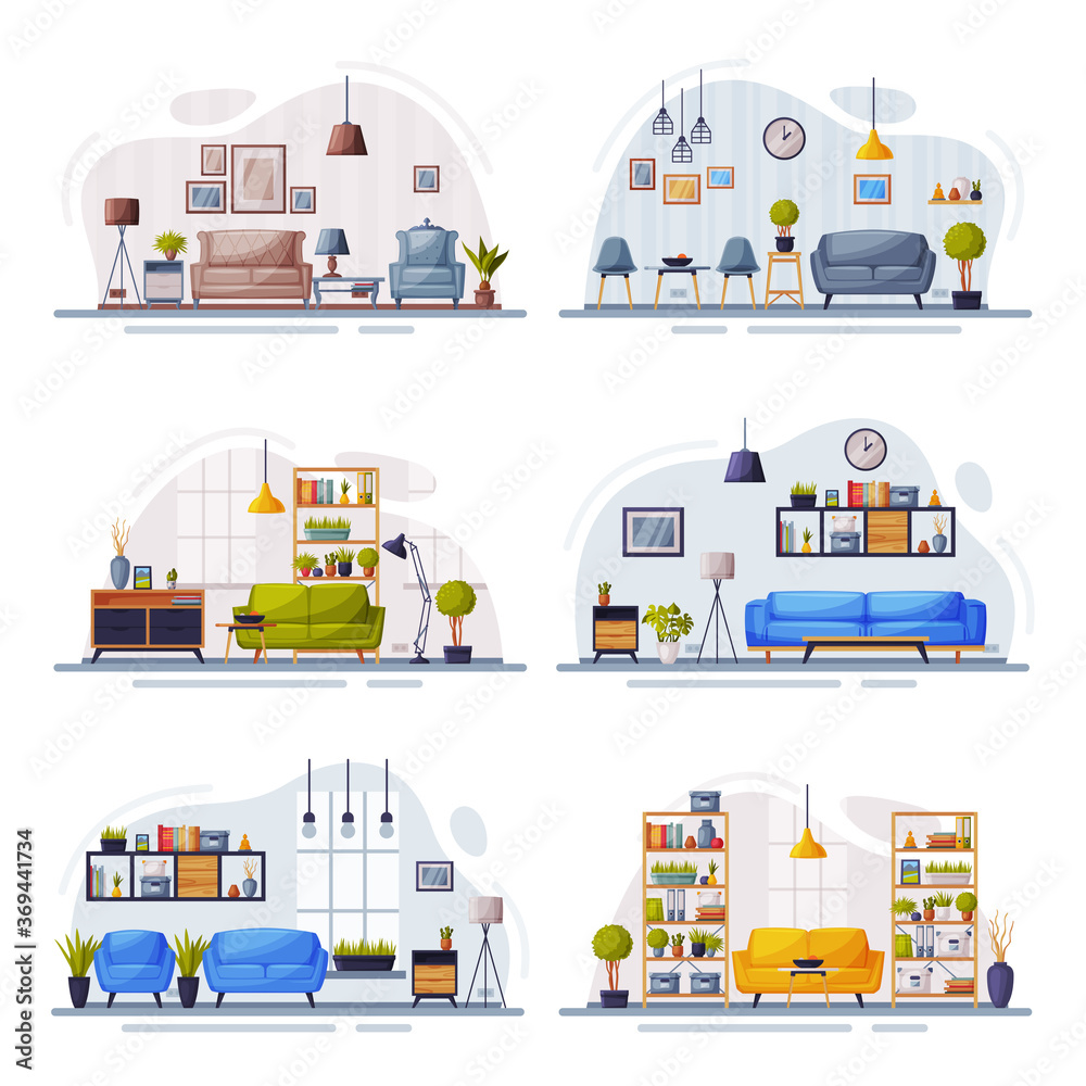 Modern Home Interiors with Comfy Furniture Set, Cozy Apartments Design Vector Illustration Modern Home Interiors with Comfy Furniture Set, Cozy Apartments Design Vector Illustration
