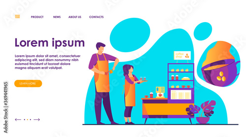 Baristas in coffee shop. Man and woman in aprons making coffee, offering takeaway cup at stand with machine and dessert. Vector illustration for coffee station, food and drink, cafe concept