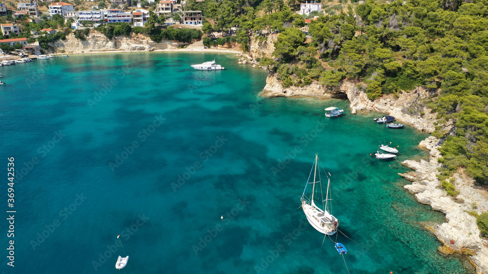 Aerial drone photo of famous small fishing port and village of Votsi in island of Alonissos, Sporades, Greece
