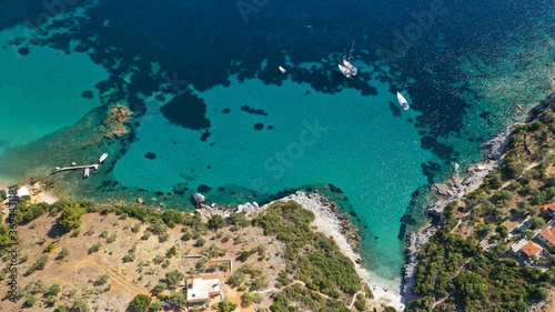 Aerial drone photo of famous turquoise beach of Mourtias in island of Alonissos, Sporades, Greece