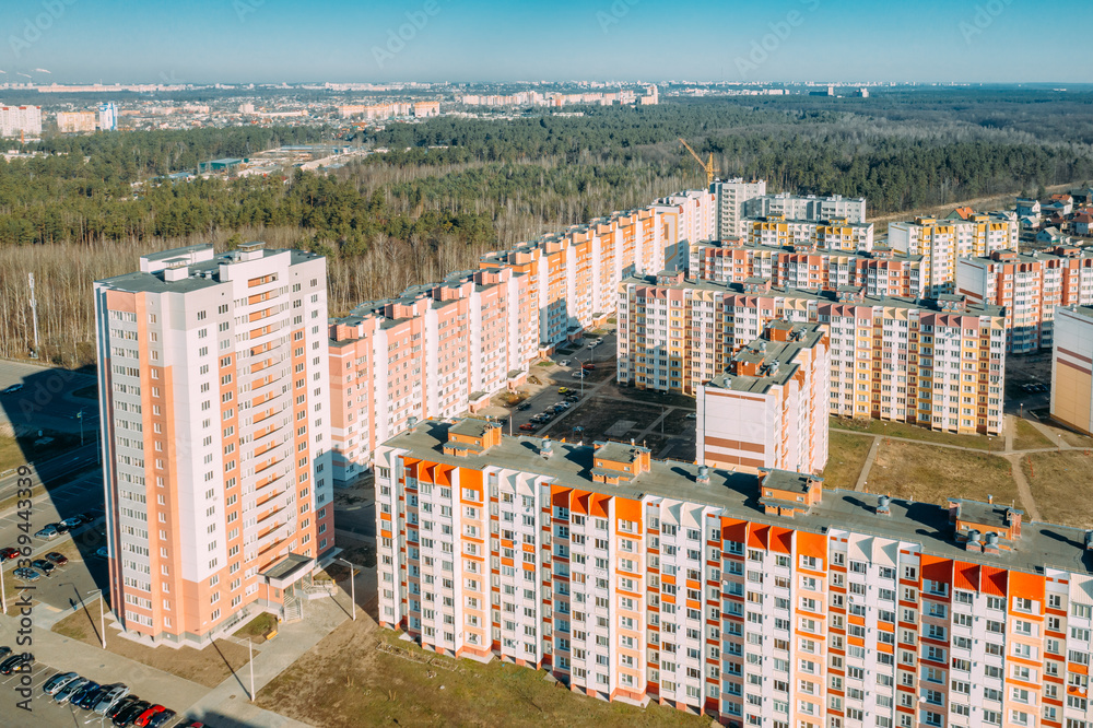 Gomel, Belarus. Aerial Bird's-eye View Of New Residential Multi-storey Houses. Cityscape Skyline In Sunny Spring Day. Real Estate, Development Industry