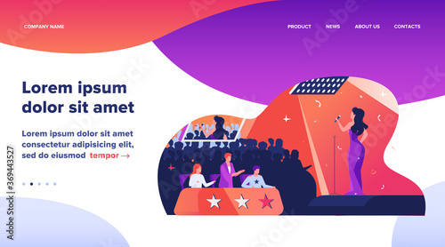 Female celebrity woman signing in front of jury flat vector illustration. Young singer standing on scene or stage and performing at TV talent show. Competition and television contest concept