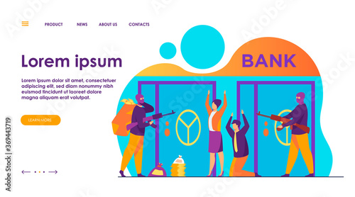 Gangsters with gun robbing bank. Criminals aiming riffle at workers, taking bags with money. Vector illustration for finance, security, robbery, burglars concept