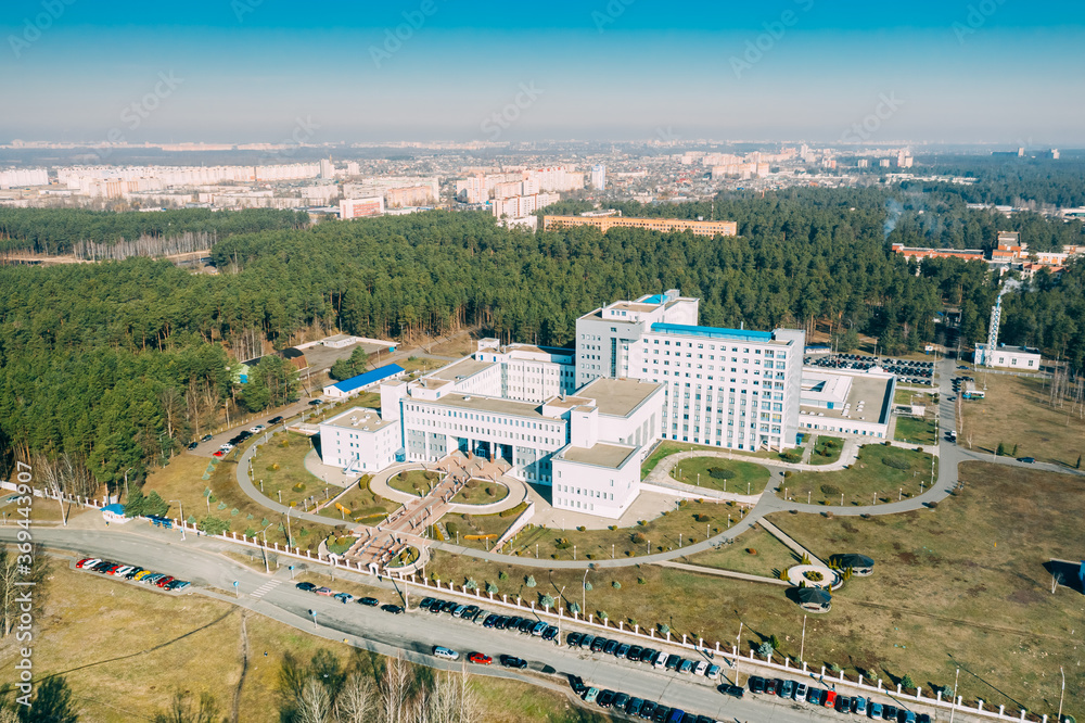 Gomel, Belarus. Aerial View OF Building Of Republican Scientific Center For Radiation Medicine And Human Ecology In Spring Sunny Day. Top View. Drone View. Bird's Eye View