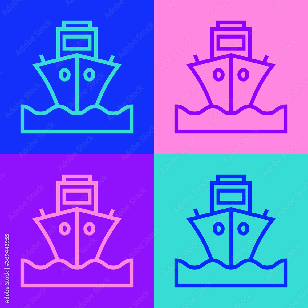 Pop art line Cargo ship icon isolated on color background. Vector.
