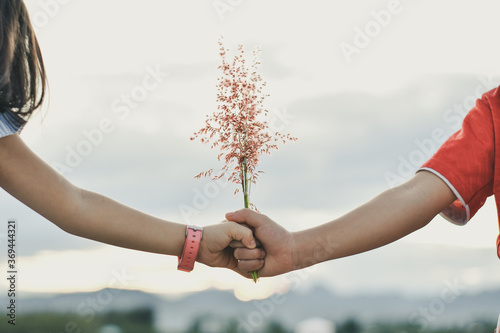 Two child girl hand holding flower grass over blur nature background.