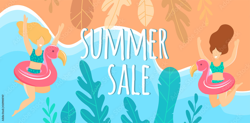 Cute summer horizontal banner vector illustration of a great girl at the sea. Happy girls in beckini jump for joy in inflated flamingos. Sale summer vertical banner with place for text, frame