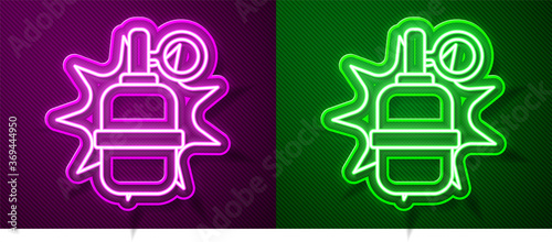 Glowing neon line Hand grenade icon isolated on purple and green background. Bomb explosion. Vector.