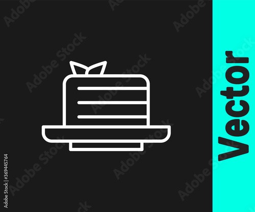 White line Medovik icon isolated on black background. Honey layered cake or russian cake Medovik on plate. Vector.