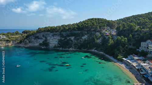 Aerial drone photo of Patitiri, main port and beach of Alonissos island, Sporades, Greece