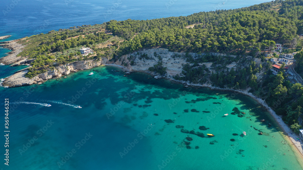 Naklejka premium Aerial drone photo of Patitiri, main port and beach of Alonissos island, Sporades, Greece