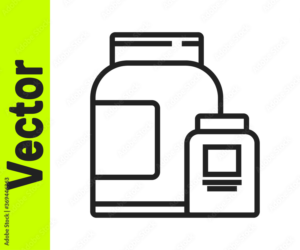 Black line Sports nutrition bodybuilding proteine power drink and food icon isolated on white background. Vector. Black line Sports nutrition bodybuilding proteine power drink and food icon isolated on white background. Vector.