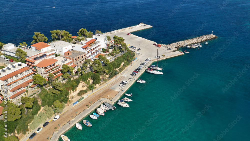 Aerial drone photo of Patitiri, main port and beach of Alonissos island, Sporades, Greece