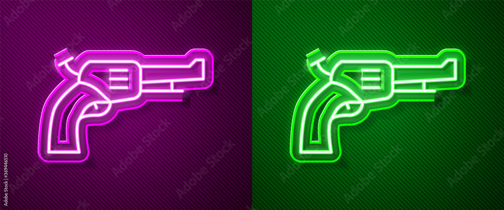 Glowing neon line Revolver gun icon isolated on purple and green background. Vector.
