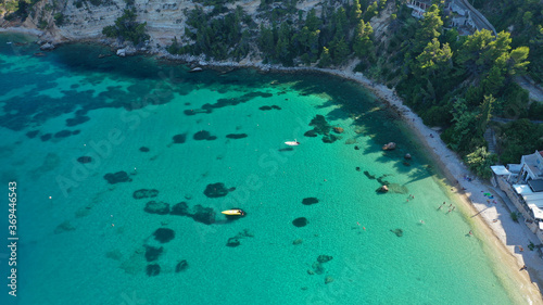 Aerial drone photo of Patitiri  main port and beach of Alonissos island  Sporades  Greece