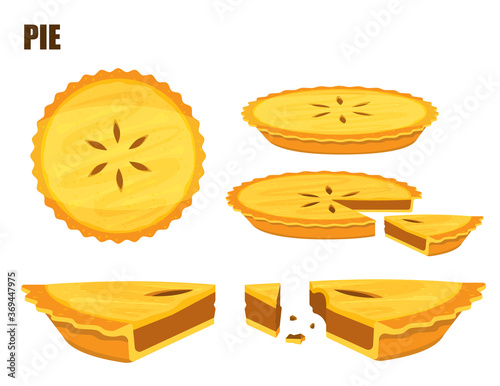 Illustration vector flat cartoon isolated meat or mince pie on white background top view and side view for server on table at bakery shop