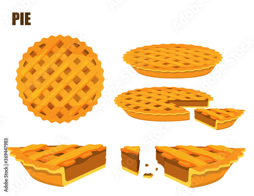 Illustration vector flat cartoon isolated meat or beef pie on white background top view and side view for server on table at bakery shop