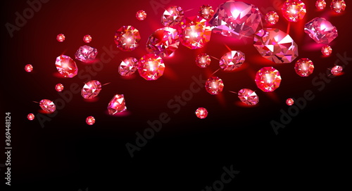 Red rubies scattered on a black background. Vector illustration.