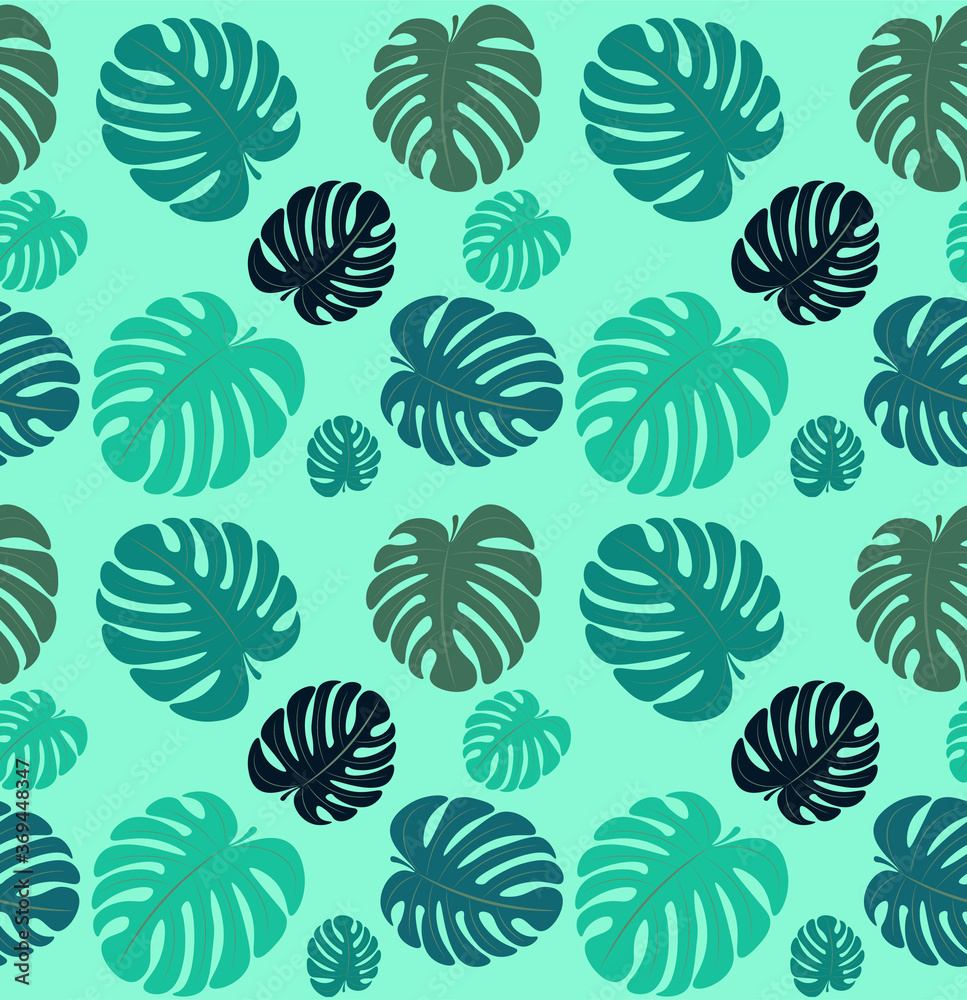 Seamless pattern with monstera leaves on a green background. Fresh bright background for interior design, wallpaper, paper, fabric. Leafy botanical template vector illustration