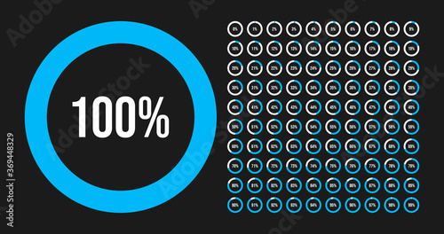 Big set of circle percentage diagrams from 0 to 100 percent. Vector illustration.