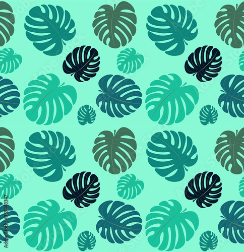 Seamless pattern with monstera leaves on a green background. Fresh bright background for interior design  wallpaper  paper  fabric. Leafy botanical template vector illustration