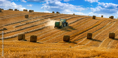 A tractor uses a trailed bale machine to collect straw in the field and make round large bales. Agricultural work, hay collection in the summer field.