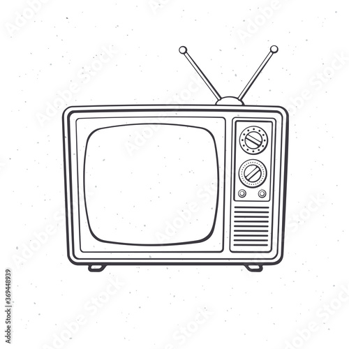 Analogue retro TV with antenna, channel and signal selector. Outline. Vector illustration. Television box for news and show translation. Hand drawn sketch. Isolated white background
